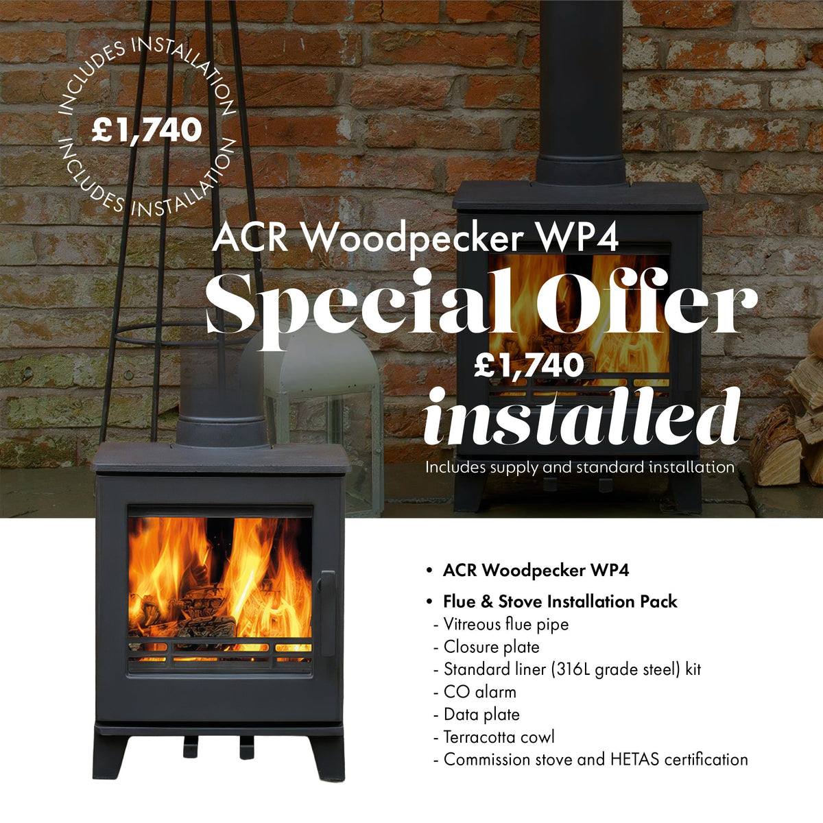 ACR Woodpecker WP4 wood burner stove inc. installation